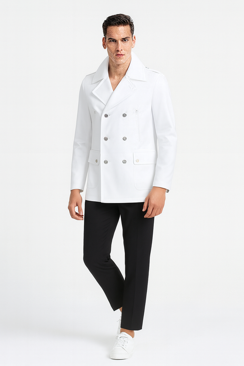 Men's white wool peacoat. Slim fit, double-breasted design with notched collar, flap pockets, and silver buttons.
