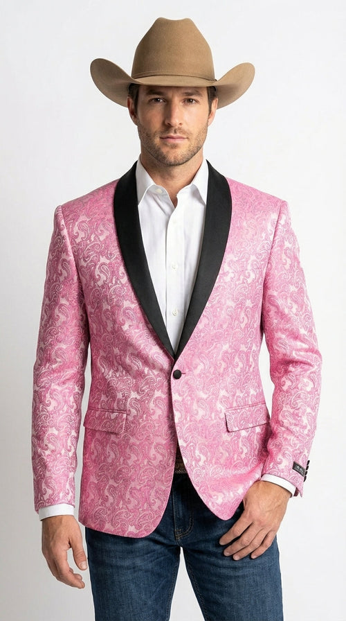 Mens Hot Pink Paisley Western Blazer Jacket – Stylish Pattern Formal Blazer with Black Shawl Lapel for Party, Wedding Cowboy Sportcoat