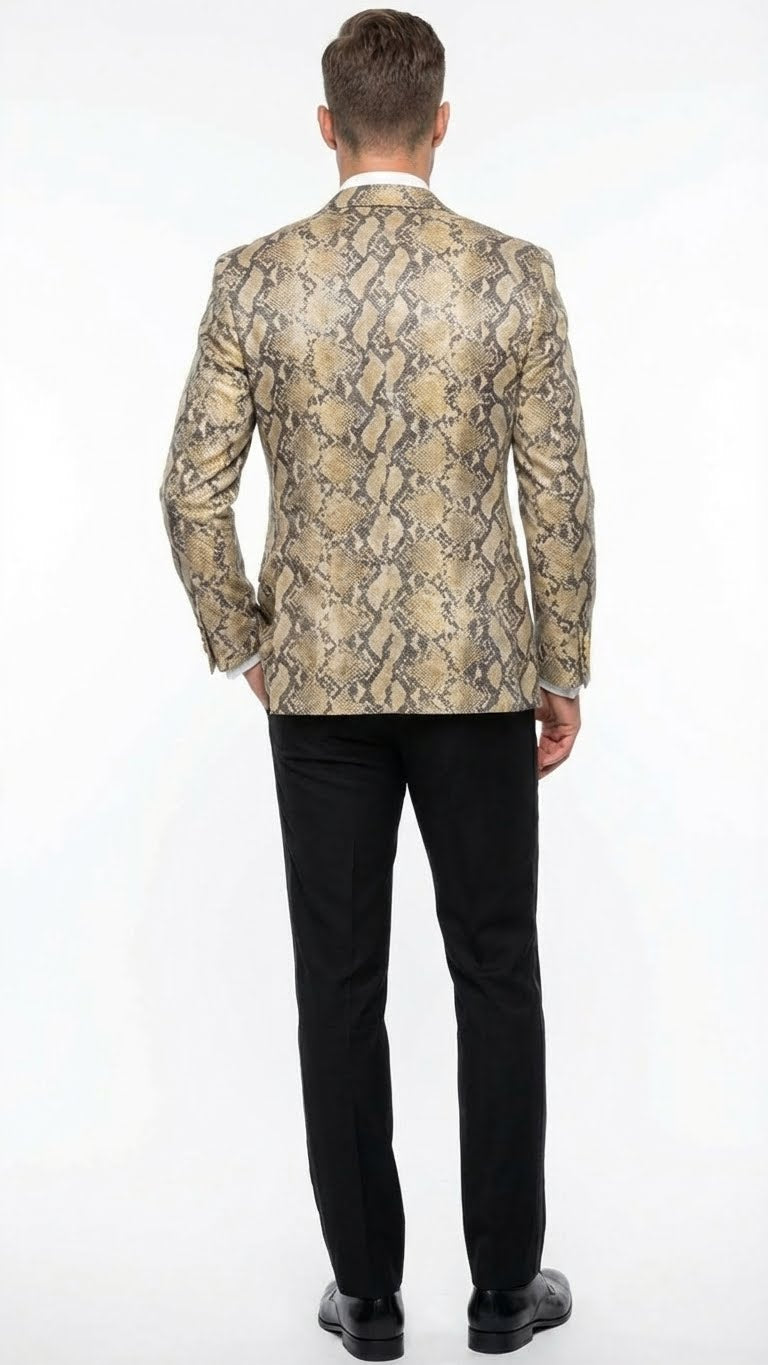 Men's beige & black snakeskin print blazer. Fitted, structured silhouette with a tailored cut, notch lapel, and single back vent. Synthetic fabric with textured snakeskin pattern; long sleeves & two-button closure.
