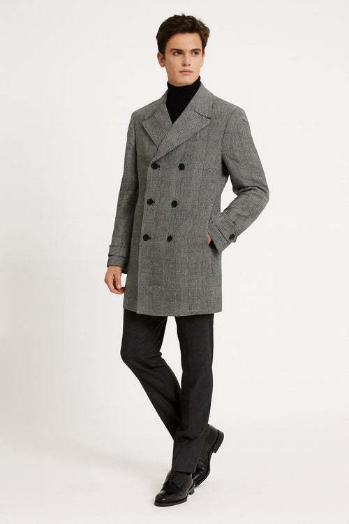 Men's grey plaid double-breasted overcoat with black faux fur collar. Textured fabric, three black buttons per side. Stylish and warm.
