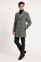 Men's grey plaid double-breasted overcoat with black faux fur collar. Textured fabric, three black buttons per side. Stylish and warm.
