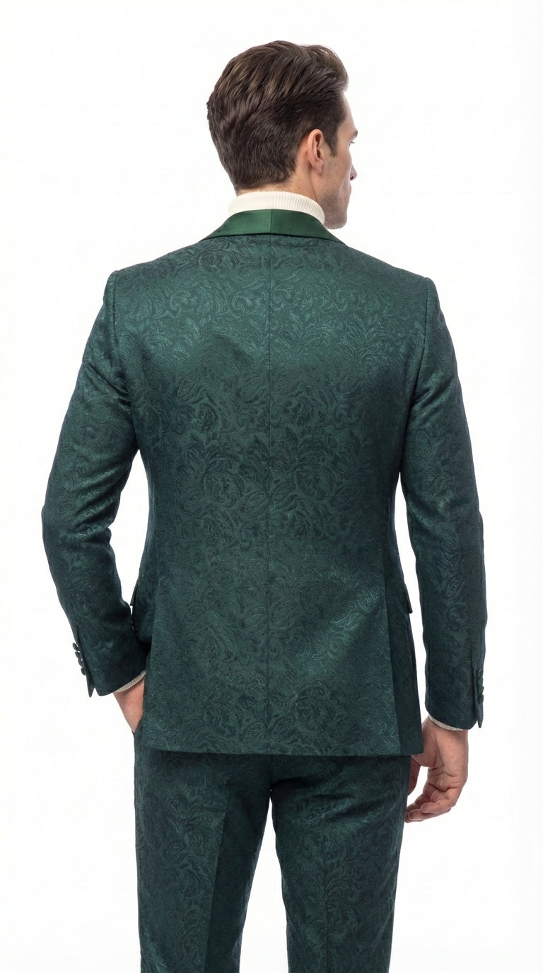 Mens Hunter Green Wedding Tuxedo Suit – Paisley Pattern Three Piece Formal Suit Set with Shawl Lapel for Groom, Prom in Emerald green