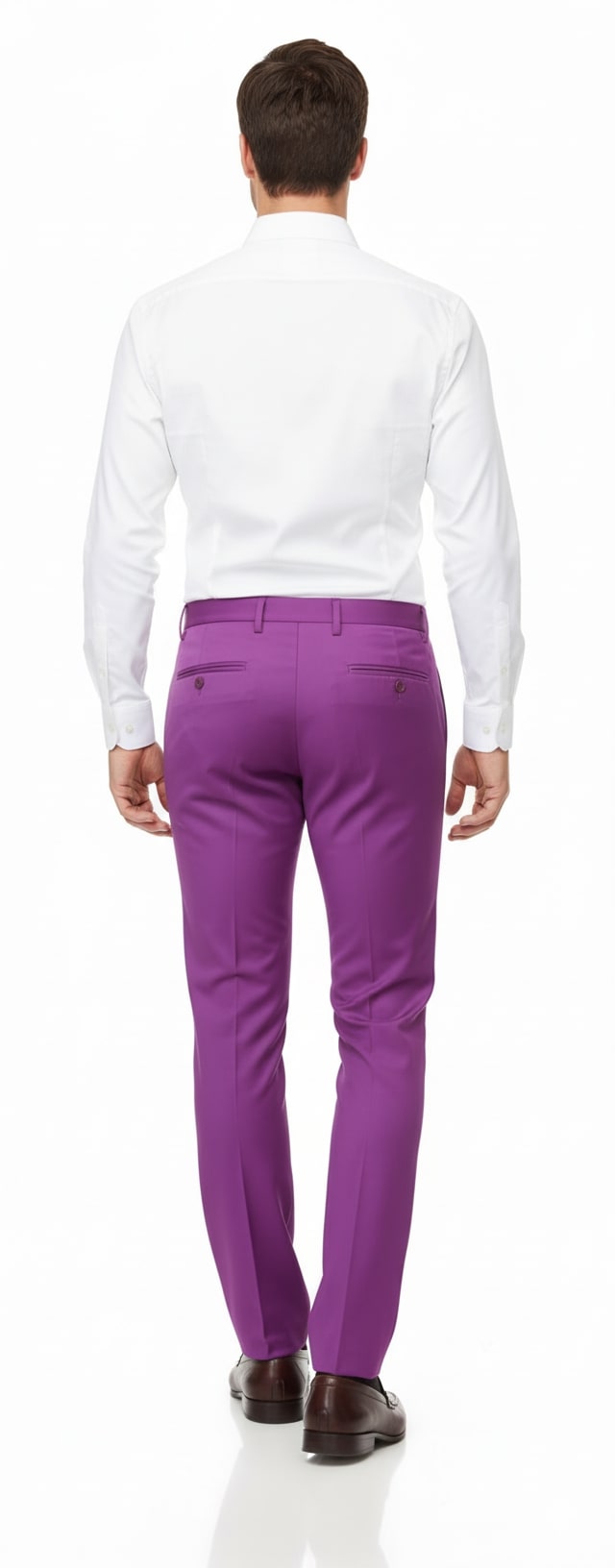 Men's slim fit, light purple dress pants with a modern tapered leg. Smooth fabric, two buttoned back pockets. Stylish and contemporary.
