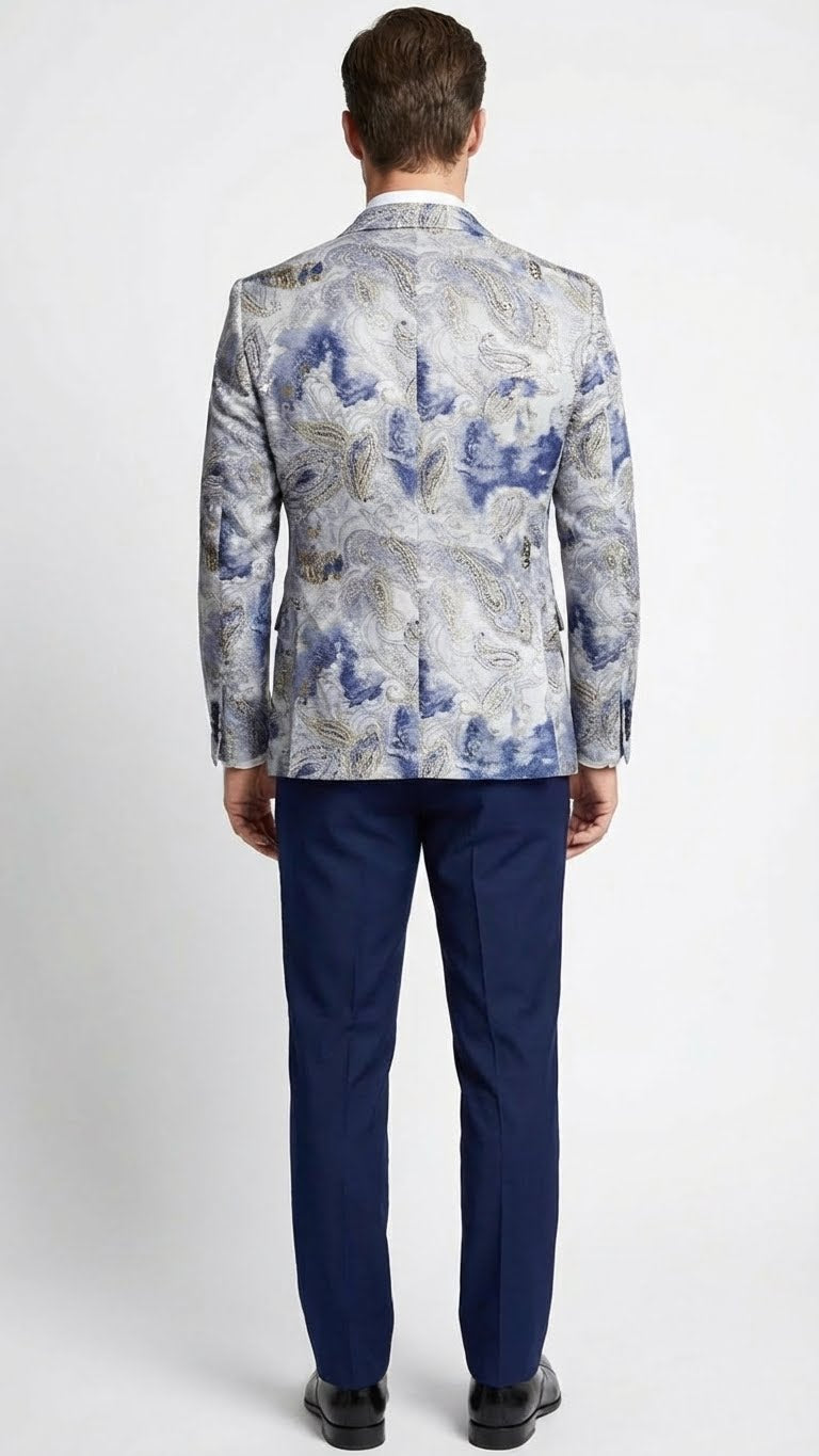 Alberto Nardoni men's blazer in navy and gray paisley. Fitted silhouette with textured fabric. Single vent, structured collar. Blue and gray hues.
