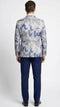 Alberto Nardoni men's blazer in navy and gray paisley. Fitted silhouette with textured fabric. Single vent, structured collar. Blue and gray hues.
