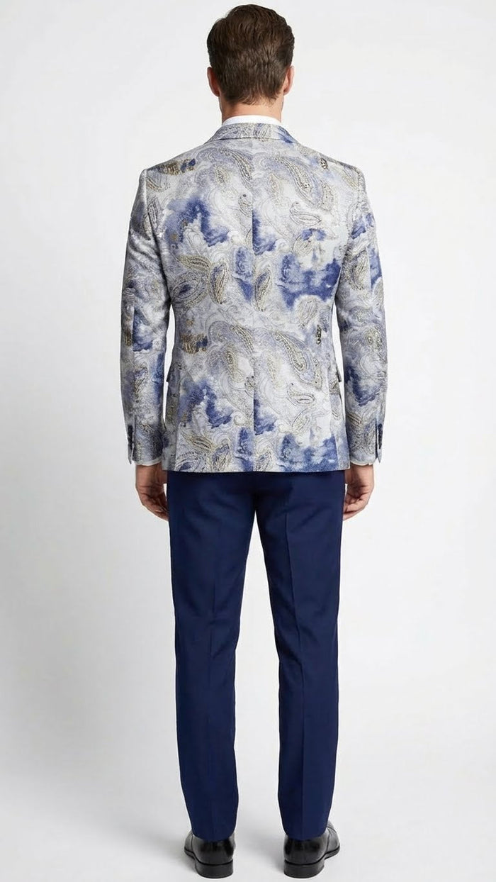 Alberto Nardoni men's blazer in navy and gray paisley. Fitted silhouette with textured fabric. Single vent, structured collar. Blue and gray hues.
