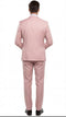 Men's blush pink & gold three-piece suit: fitted blazer, trousers, vest. Soft, light pink fabric with a smooth finish. Blazer: structured, single vent, button closure. Trousers: straight leg, decorative stitching. Vest: matching color & cut.
