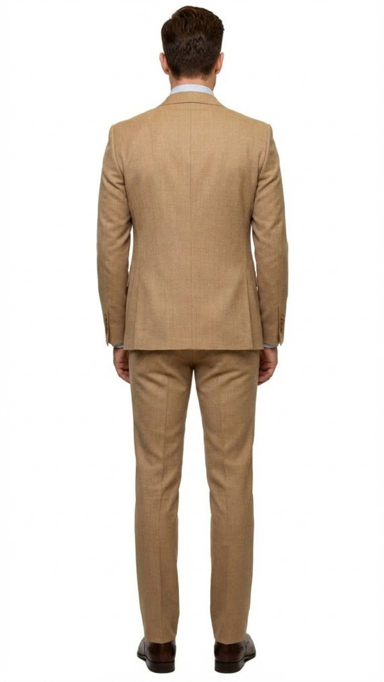 Tan three-piece suit: jacket, trousers, and vest. Textured fabric with subtle weave. Jacket: tailored fit, single vent, button closure. Trousers: slim-fit. Vest: complements the suit.
