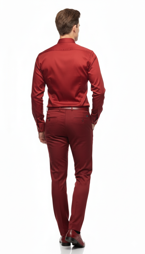 Red satin dress shirt, long-sleeved with fitted silhouette, standard collar, and glossy finish. Button cuffs & back yoke. Paired with matching trousers.
