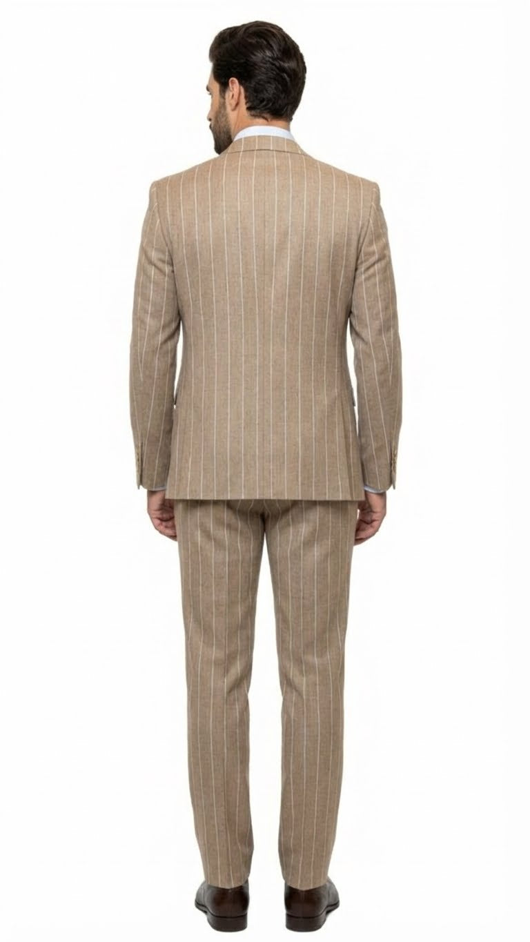 Alberto Nardoni men's beige pinstripe three-piece suit. Fitted blazer with vents, matching trousers & vest. Light pinstripes on beige fabric.
