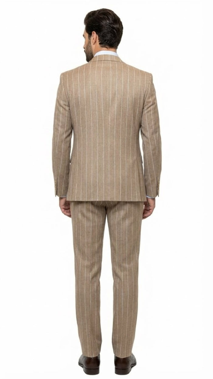 Alberto Nardoni men's beige pinstripe three-piece suit. Fitted blazer with vents, matching trousers & vest. Light pinstripes on beige fabric.

