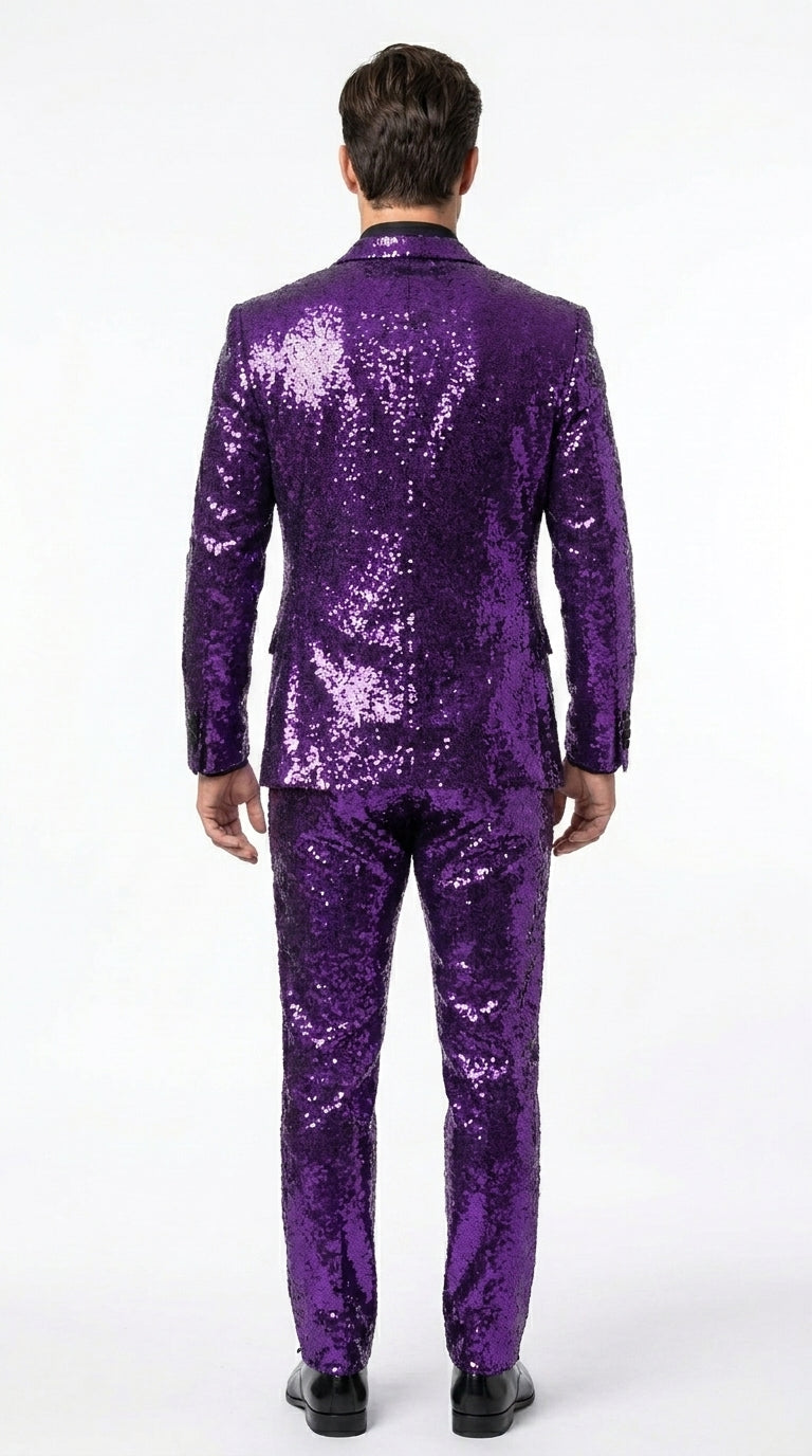 Men’s Purple Glitter Tuxedo Suit with Black Lapel, Party Stage Performance Formal Suit