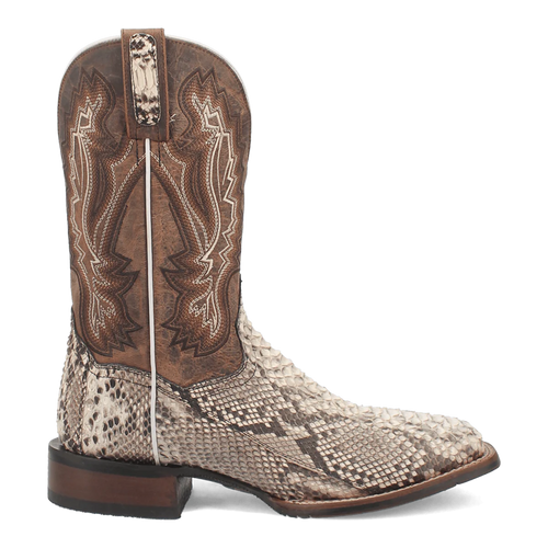 Dan Post Men's Brutus Python boots: square toe, snakeskin texture, dark brown leather accents, wooden heel. Beige & brown color palette. Decorative pull tab.
