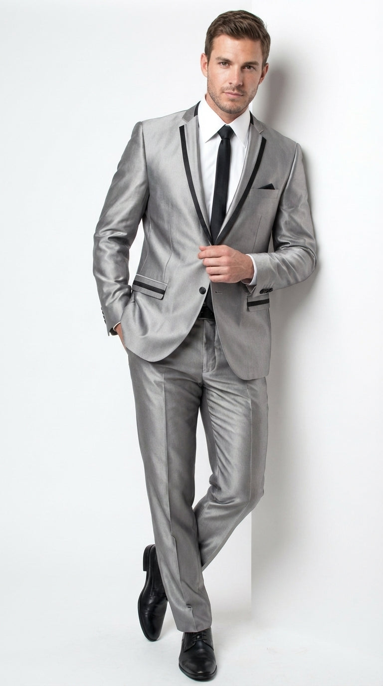 Men’s Silver Sharkskin Tuxedo Suit with Black Piping – Shiny Two Button Formal Suit for Wedding, Prom and Party Wear