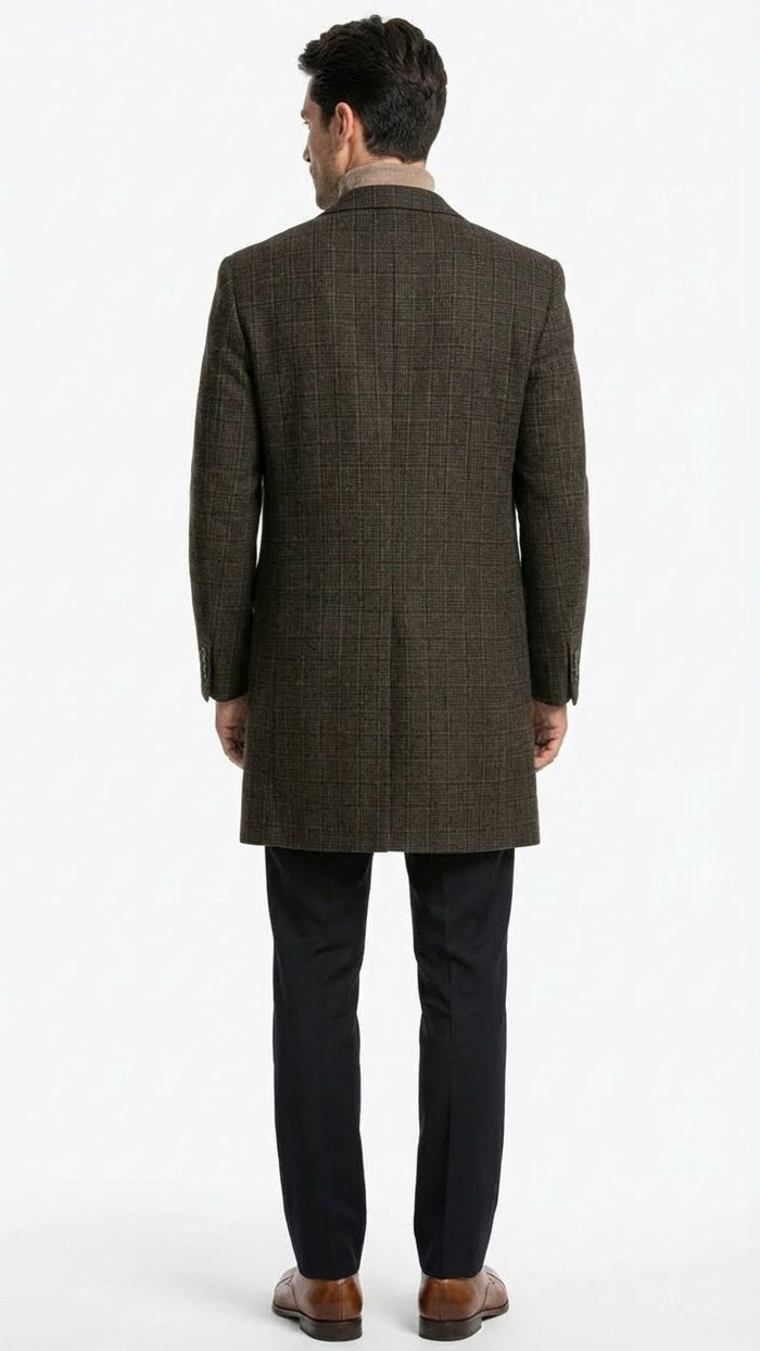 Alberto Nardoni men's brown checkered wool overcoat. Long, tailored silhouette with a straight cut. Muted brown with lighter checkered pattern. Notched collar, buttoned cuffs, single back vent.
