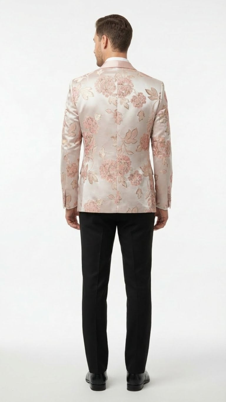 Pink blush floral jacquard blazer with satin finish, embellished shawl lapel, and fitted structured design. Features pink and beige floral pattern.
