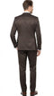 Chocolate brown textured 3-piece suit with tailored jacket (single vent, structured shoulders) & flat-front trousers. Subtle pattern adds depth. Paired with a white shirt.