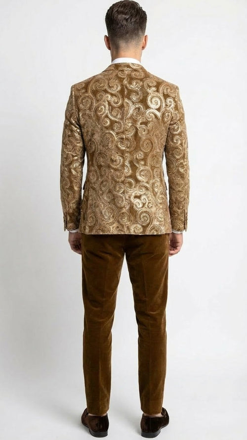 Men's goldish-brown tuxedo jacket with swirl embroidery and tailored fit. Features textured fabric with a soft sheen. Paired with matching brown corduroy pants for a cohesive look.
