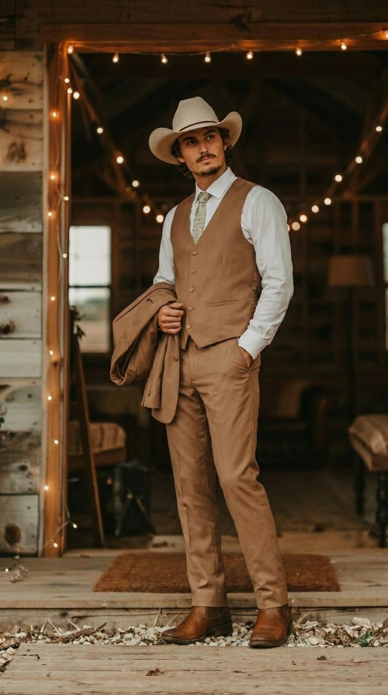 Men's Alberto Nardoni Camel Brown Western 3 Piece Suit | Classic Country Style Blazer Vest Pants Set