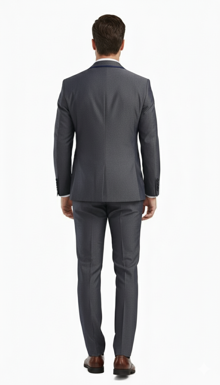 Charcoal gray men's three-piece suit. Subtle textured fabric with blue trim. Slim fit: tailored jacket, matching trousers, and vest. Modern silhouette.
