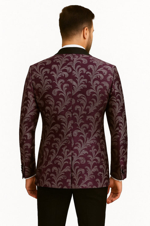 Men's tuxedo jacket: purple & white paisley brocade, satin lapel. Black pants. Back view highlights detailed design & tailored fit.
