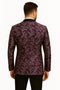 Men's tuxedo jacket: purple & white paisley brocade, satin lapel. Black pants. Back view highlights detailed design & tailored fit.
