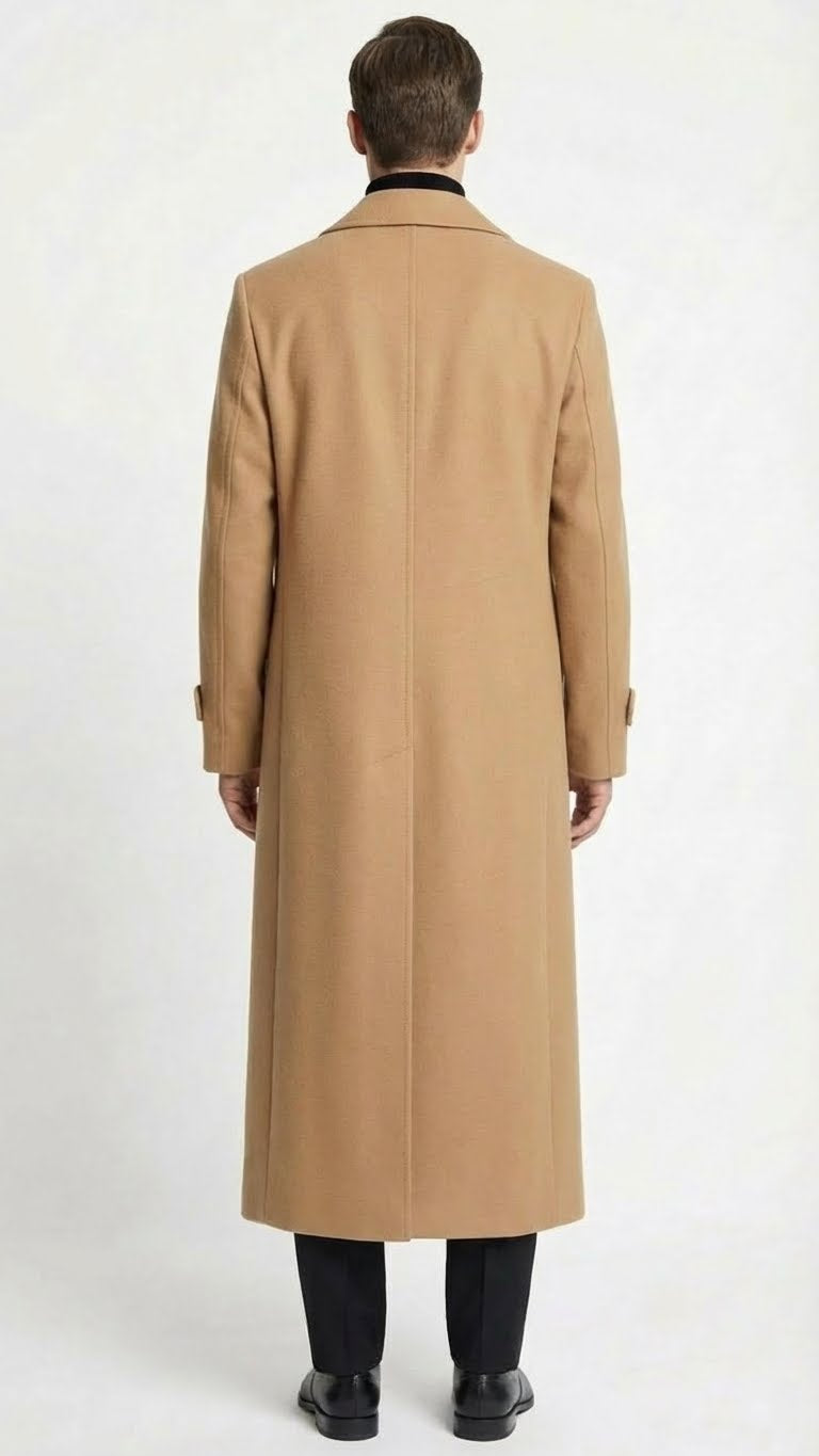 Alberto Nardoni men's camel overcoat with a straight-cut back. Features a high collar, buttoned cuffs, and a vertical back seam for a tailored look. Smooth camel-colored fabric.

