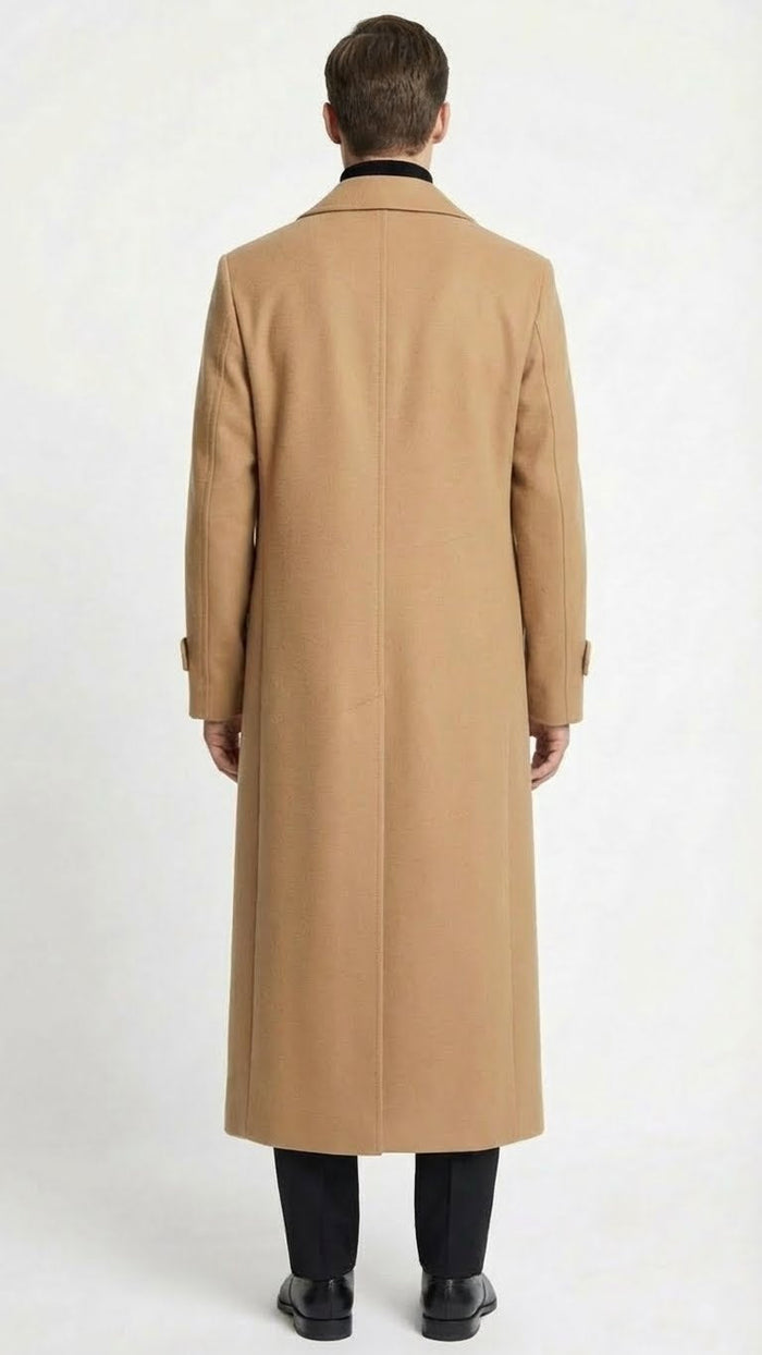 Alberto Nardoni men's camel overcoat with a straight-cut back. Features a high collar, buttoned cuffs, and a vertical back seam for a tailored look. Smooth camel-colored fabric.
