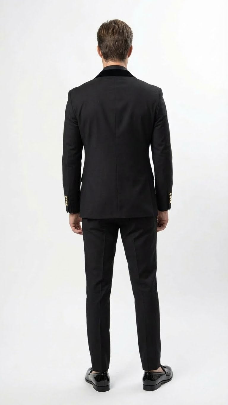Men's Alberto Nardoni Black Double Breasted Tuxedo Suit with Gold Buttons Velvet Lapel