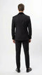 Alberto Nardoni men's black double-breasted tuxedo. Classic tailored fit, sharp lapels, structured shoulders, and defined waist. Straight-legged trousers. Gold button accents on sleeves add contrast. Formal and elegant.
