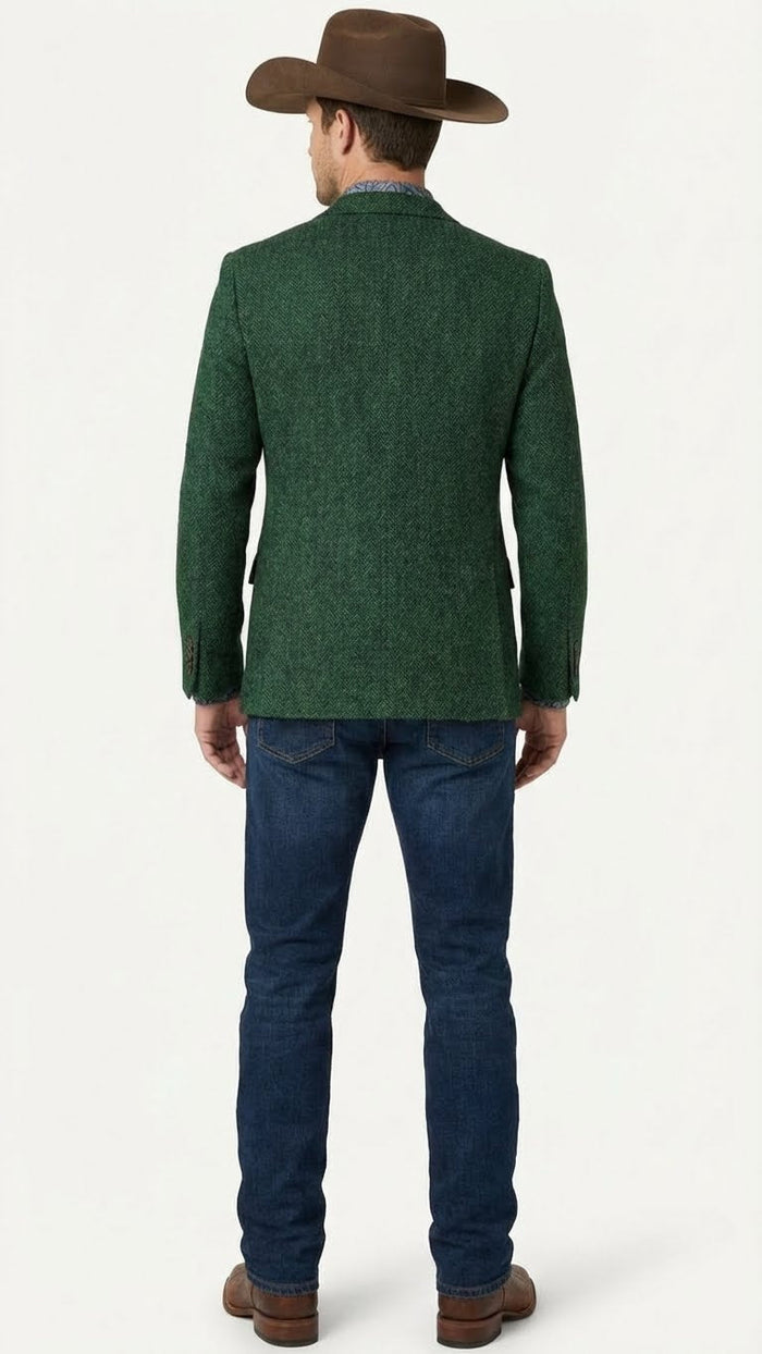 Mens Green Western Blazer Jacket – Classic Cowboy Style Sport Coat for Tweed Herringbone Country Look