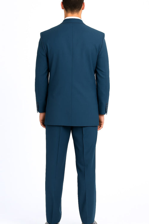 Men's steel blue three-button suit with a tailored fit. Features a structured silhouette, single back vent, long sleeves, and matching trousers. Solid color, smooth fabric.
