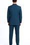 Men's steel blue three-button suit with a tailored fit. Features a structured silhouette, single back vent, long sleeves, and matching trousers. Solid color, smooth fabric.
