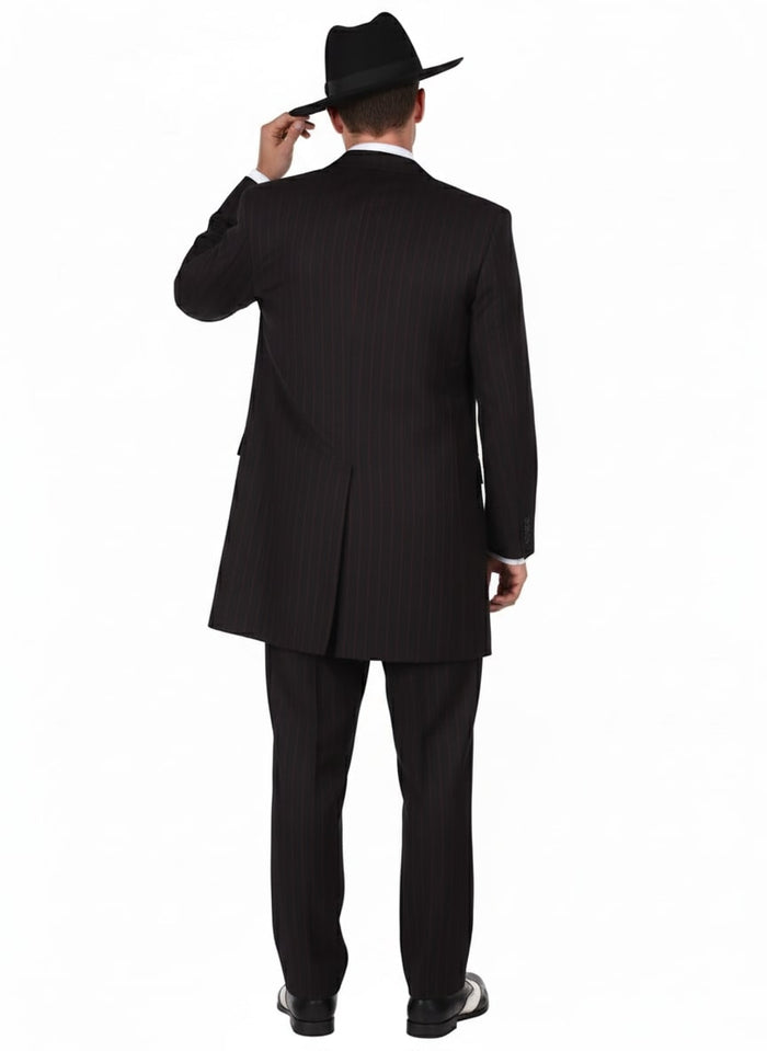 Black & red pinstripe zoot suit: long coat w/ high vent, tailored trousers. Formal blend fabric, red pinstripes on black. Vintage aesthetic, 1920s gangster style. Wide lapels, dramatic coat length.