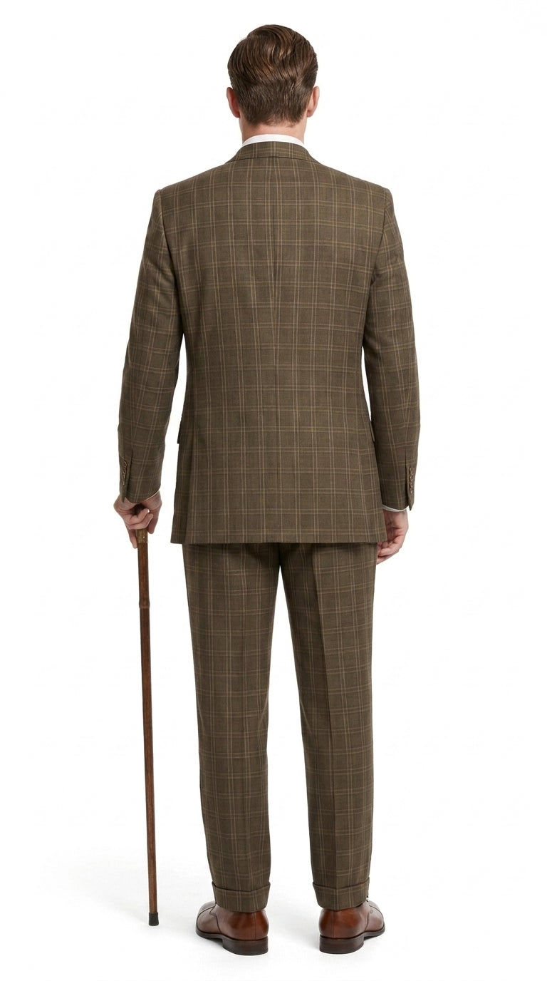 Men’s 1930s Brown Plaid 3 Piece Suit, Vintage Formal Wedding Business Dress Suit Set