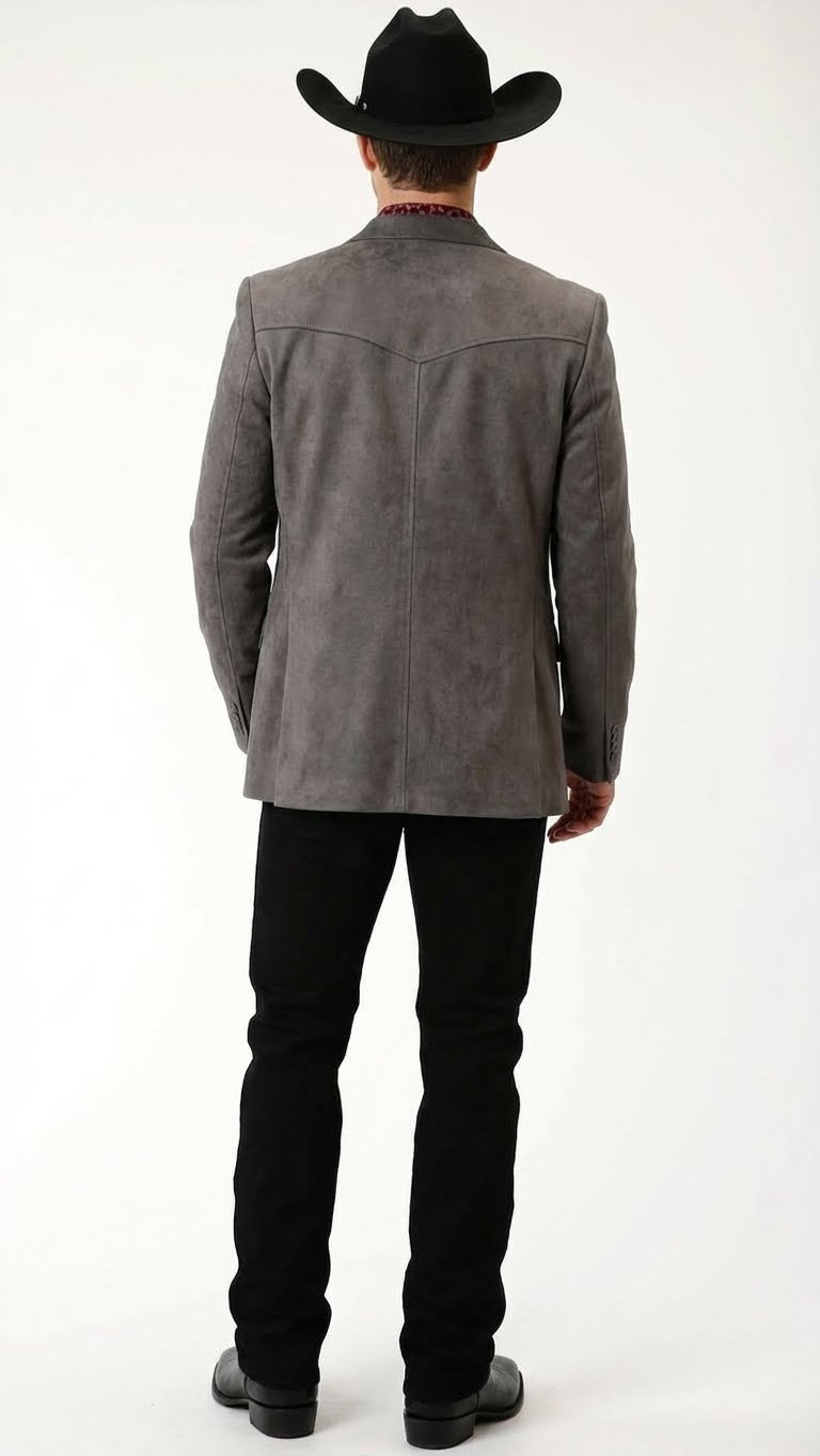 Men's brown western faux suede blazer by Alberto Nardoni features a tailored fit, a smooth texture, and a structured back with yoke detailing. The color is a muted brown, enhancing its western style.