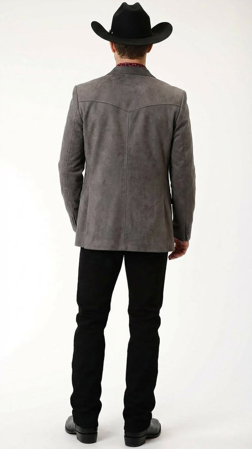 Men’s Charcoal Gray Western Faux Suede Blazer – Double Button Cowboy Jacket for Wedding & Party Wear