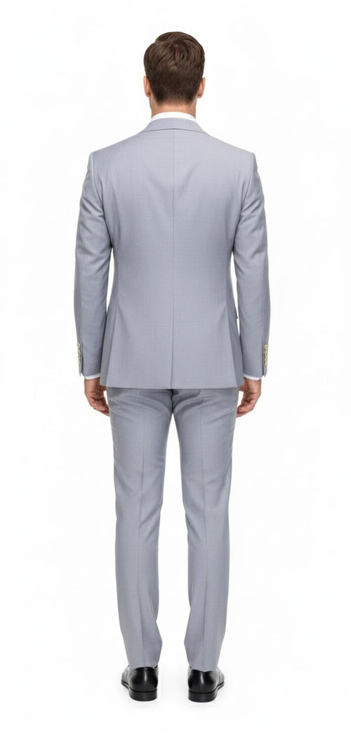 Alberto Nardoni men's silver grey 3-piece suit. Double-breasted jacket, tailored fit, structured silhouette. Includes jacket, trousers & vest. Fine textured formal fabric. Straight-cut trousers.