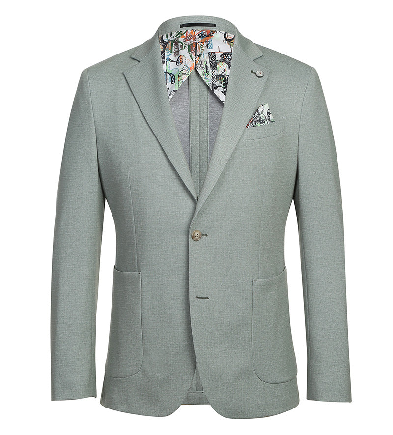 Light sage gray, half-canvas slim-fit blazer. Structured with notch lapels, front pockets, and a single-button closure. Textured, lightweight fabric with patterned lining and decorative pocket square.

