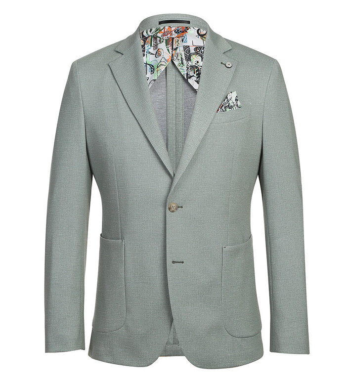 Light sage gray, half-canvas slim-fit blazer. Structured with notch lapels, front pockets, and a single-button closure. Textured, lightweight fabric with patterned lining and decorative pocket square.
