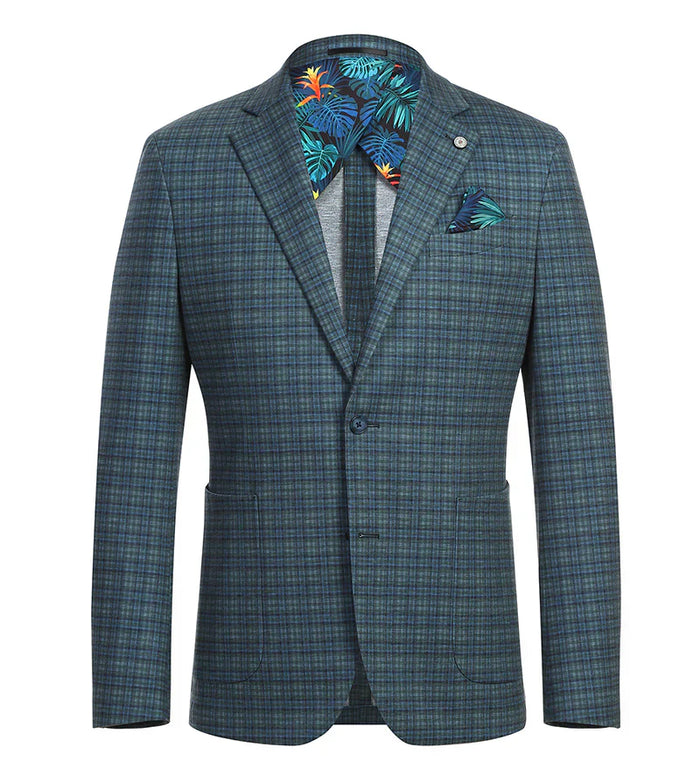 Slim fit blazer in green-blue check, half canvas construction. Textured fabric with contrasting lining at the collar. Features two front pockets and a single-button closure.
