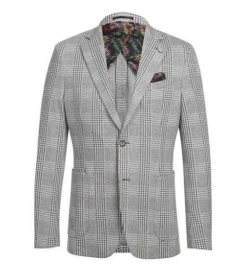 Gray plaid half-canvas slim blazer with single-button closure, two pockets, and notched lapels. Tailored fit with a contrasting tropical print lining. Elegant and structured design.
