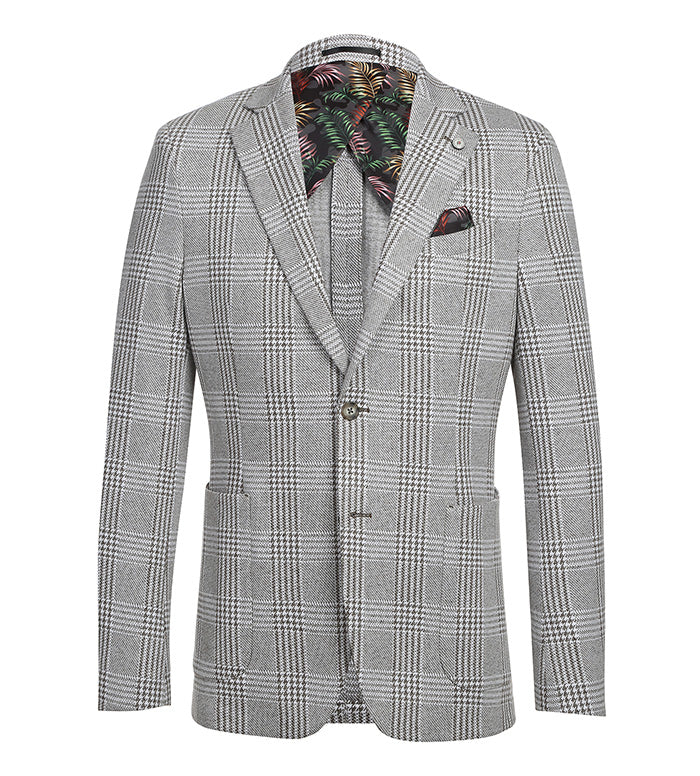 Gray plaid half-canvas slim blazer with single-button closure, two pockets, and notched lapels. Tailored fit with a contrasting tropical print lining. Elegant and structured design.
