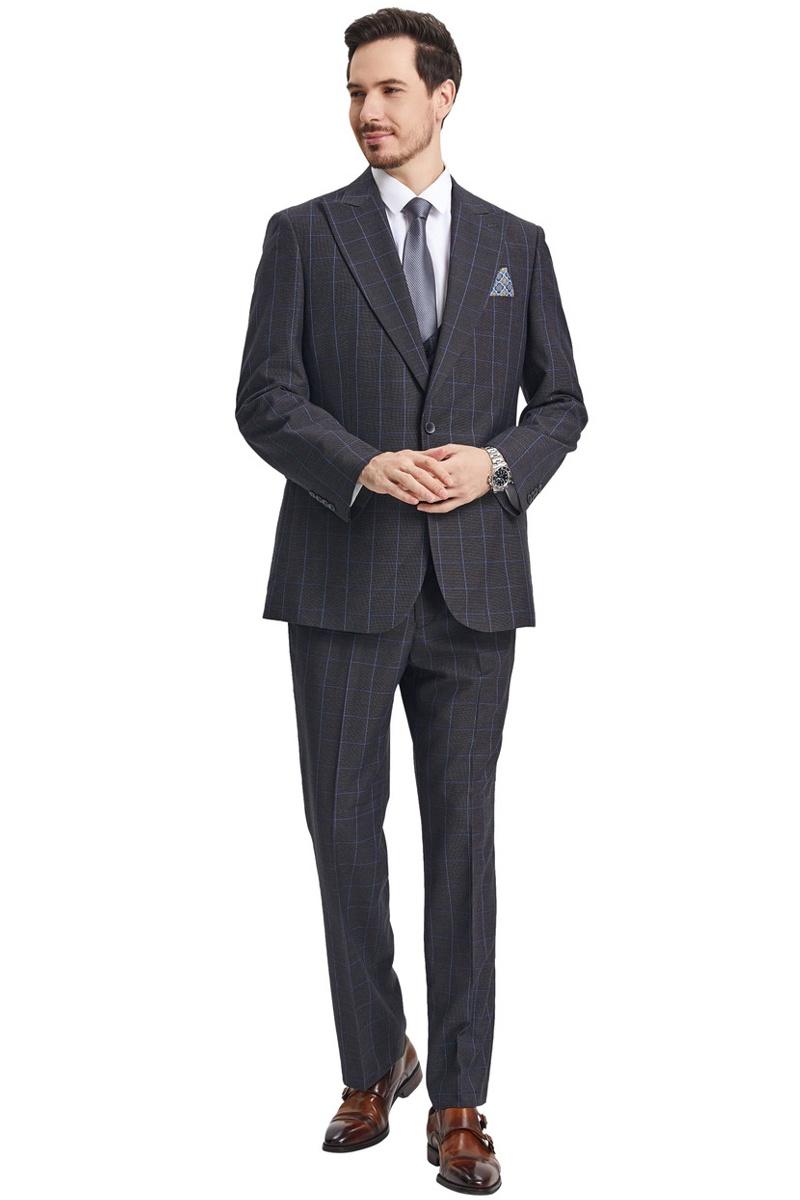 Men's Stacy Adams Peak Lapel Charcoal Grey Windowpane Plaid Suit with a Scoop Neck Vest