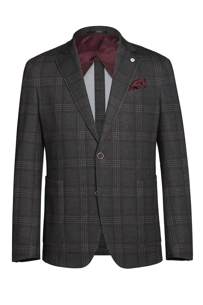Men's slim fit sports coat. Dark gray checkered pattern with burgundy accents, notched lapel, patch pockets, and single-button closure. Burgundy lining. Vintage style, structured fit.
