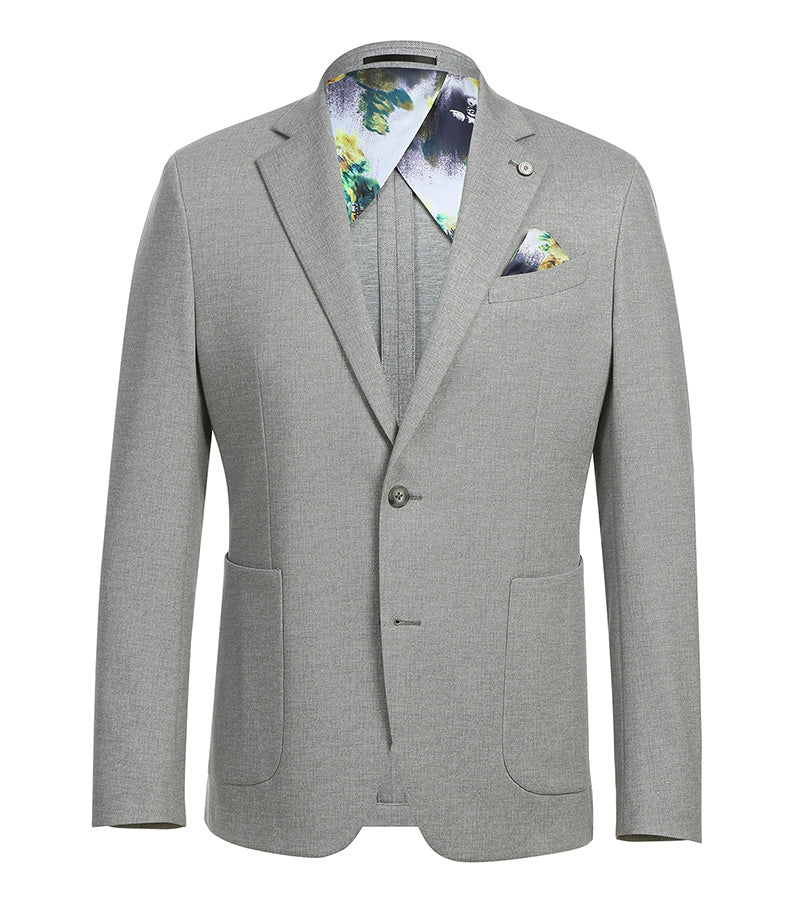 Gray, textured half-canvas slim fit blazer. Features: two front pockets, single-button closure, and floral-lined interior with contrasting collar.
