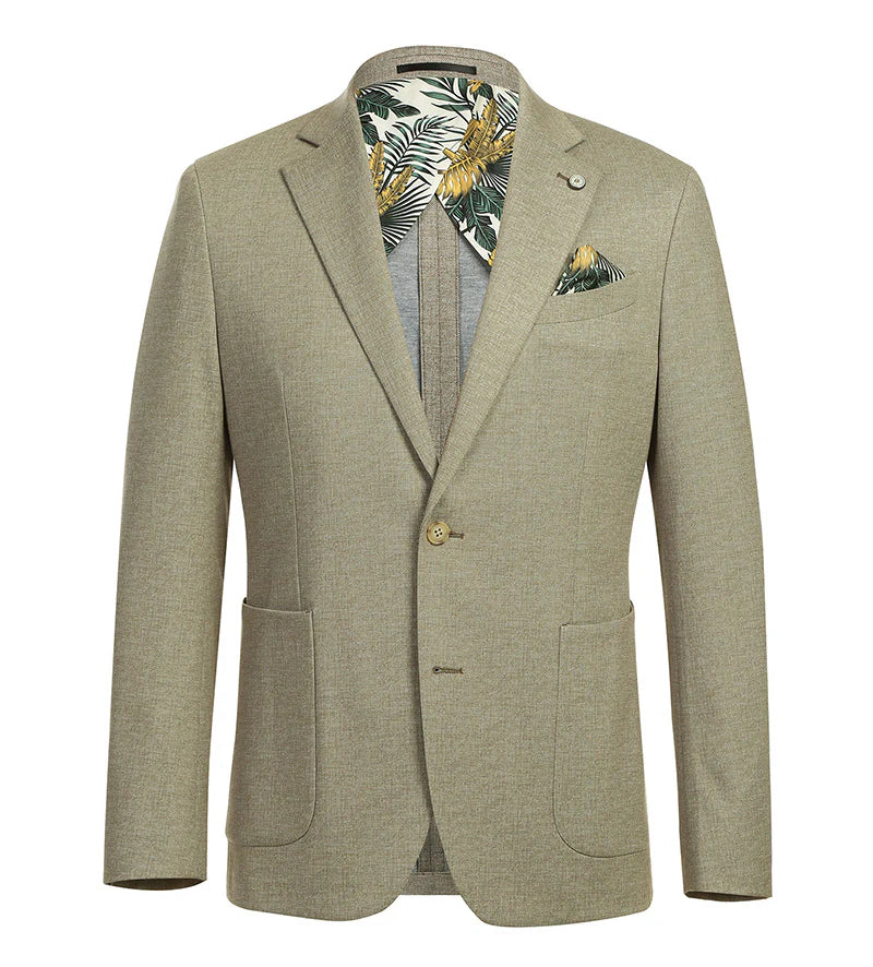 Khaki slim fit blazer with textured fabric. Features: two pockets, single button closure. Inner lining: tropical green/yellow pattern. Half canvas construction.
