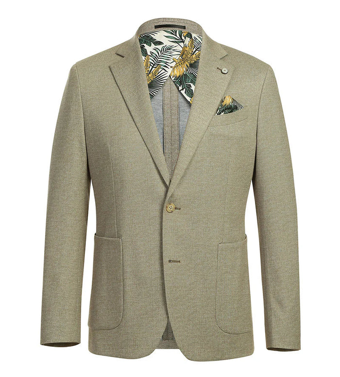 Khaki slim fit blazer with textured fabric. Features: two pockets, single button closure. Inner lining: tropical green/yellow pattern. Half canvas construction.
