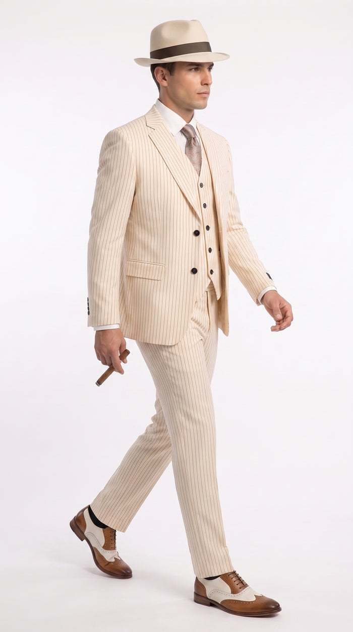 Men’s Ivory Cream Pinstripe 3-Piece Suit – 1920s Gangster Gatsby Wedding and Formal Suit