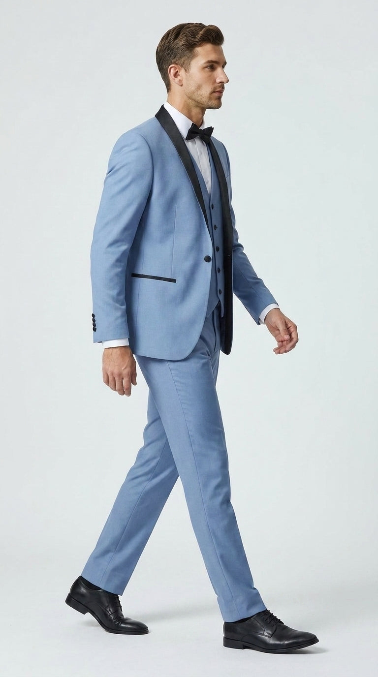 Men’s Powder Blue 3 Piece Tuxedo Suit – Light Blue Shawl Lapel Wedding Prom Suit with Vest